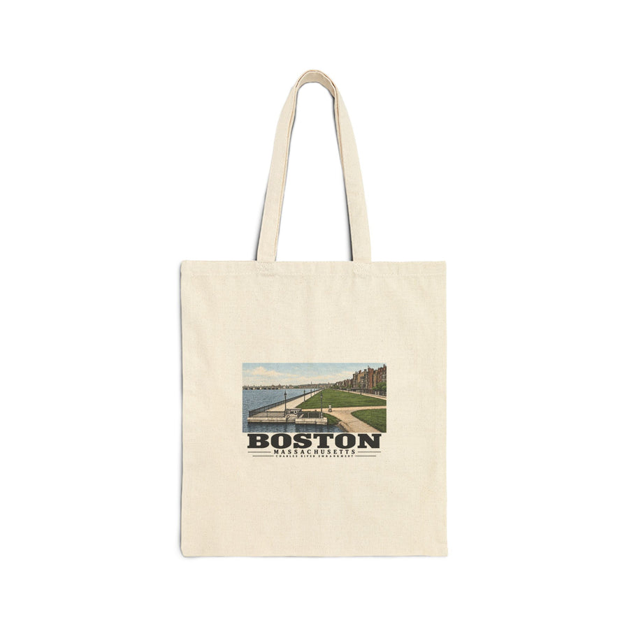 Natural fabric tote with Charles River Embankment riverside path, lawn and buildings artwork and Boston lettering