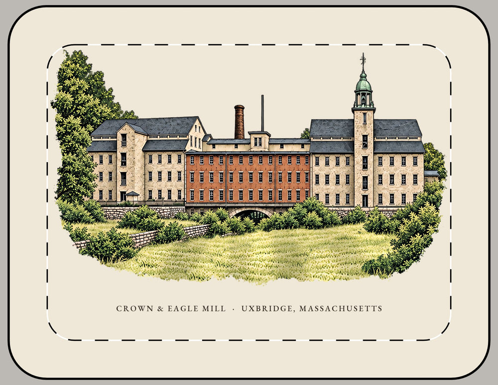 Uxbridge Crown & Eagle Mill 15-inch laptop sleeve mockup showing the full illustrated print