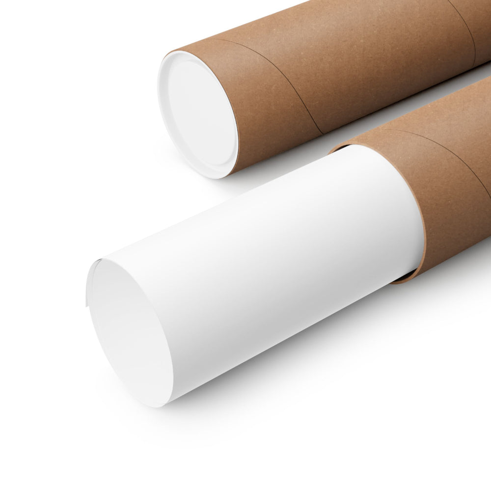 Plain white rolled poster in protective cardboard tube for Apsley Rubber Company