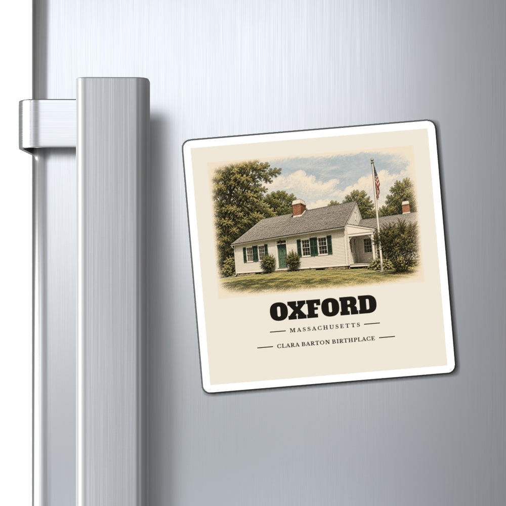 Oxford Clara Barton Birthplace 4 inch magnet shown on a refrigerator