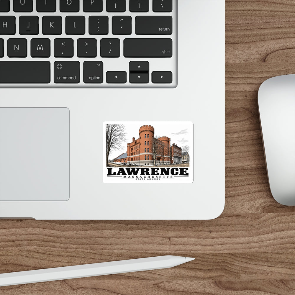 Illustrated State Armory in Lawrence on die-cut sticker