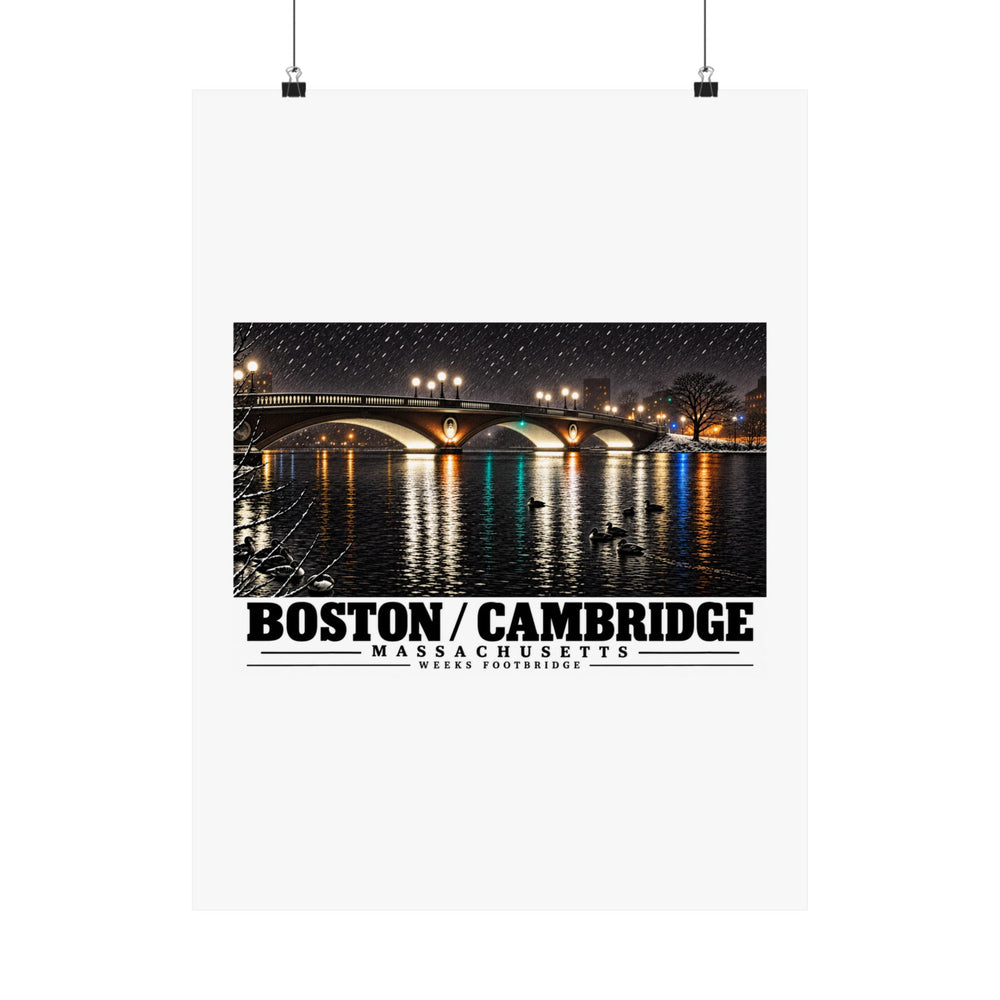Weeks Footbridge illuminated night view with water reflections poster with Boston/Cambridge lettering hanging from two binder clips