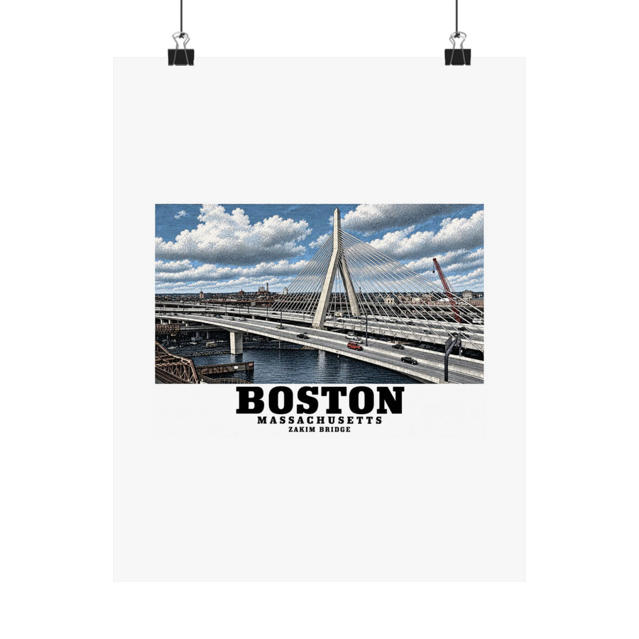 Zakim Bunker Hill Bridge cable-stayed towers and Charles River poster with Boston lettering hanging from two binder clips