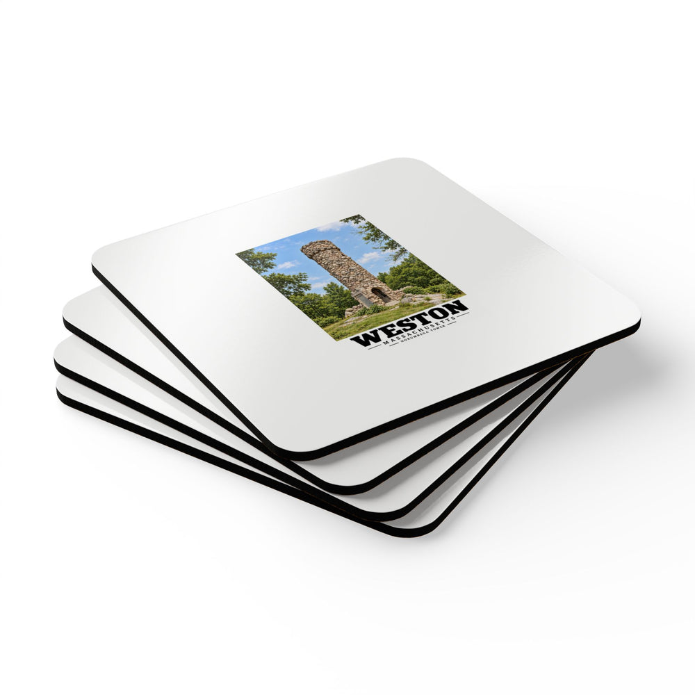 Illustrated Norumbega Tower in Weston on corkwood coaster set