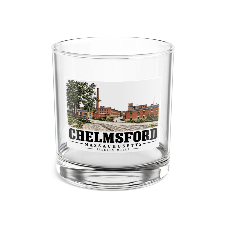 Front of Silesia Mills rocks glass, with Chelmsford, Massachusetts artwork and lettering.