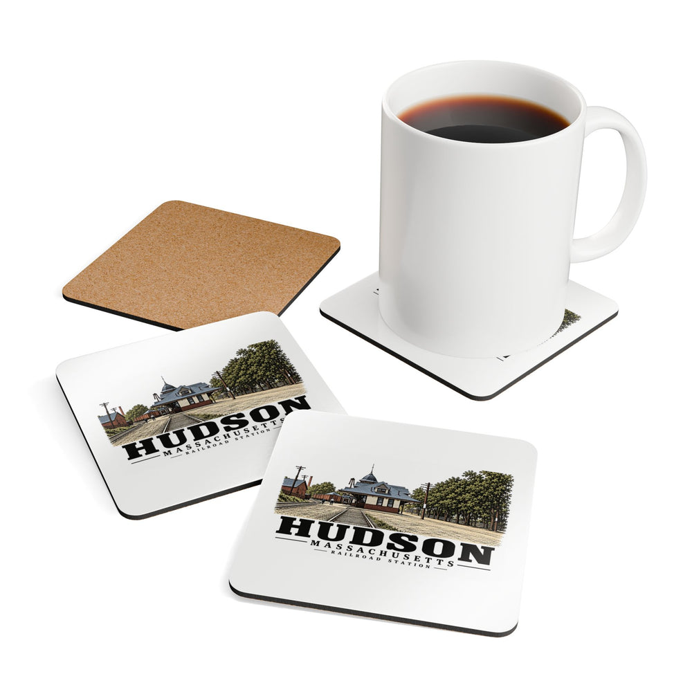 Illustrated Railroad Station in Hudson on corkwood coaster set