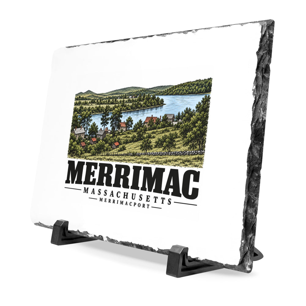 Angled front on display stands of Merrimack River from Noyes Hill slate desk plaque, with Merrimac, Massachusetts artwork and lettering.