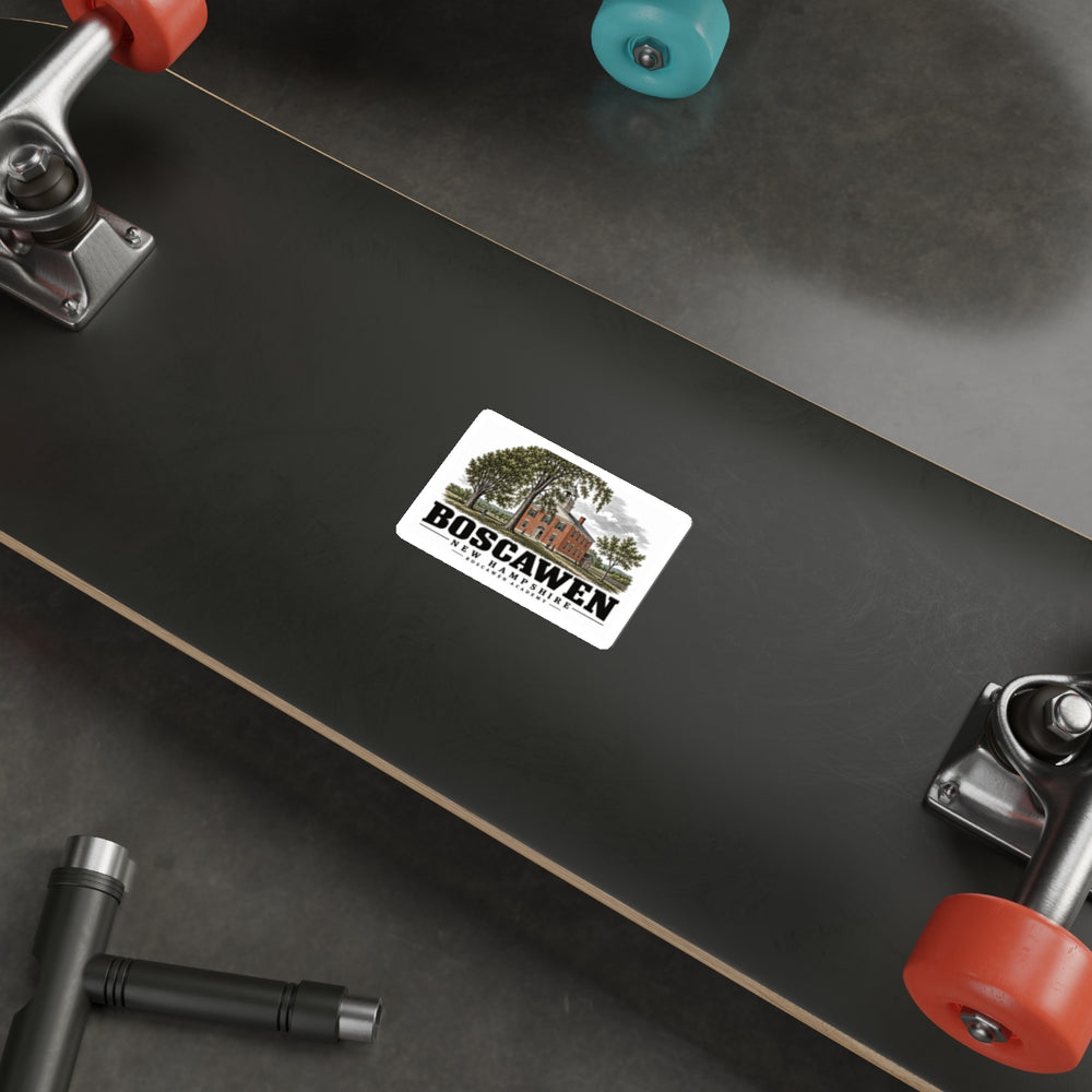 Skateboard display of Boscawen Academy white die-cut sticker, with Boscawen, New Hampshire artwork and lettering.