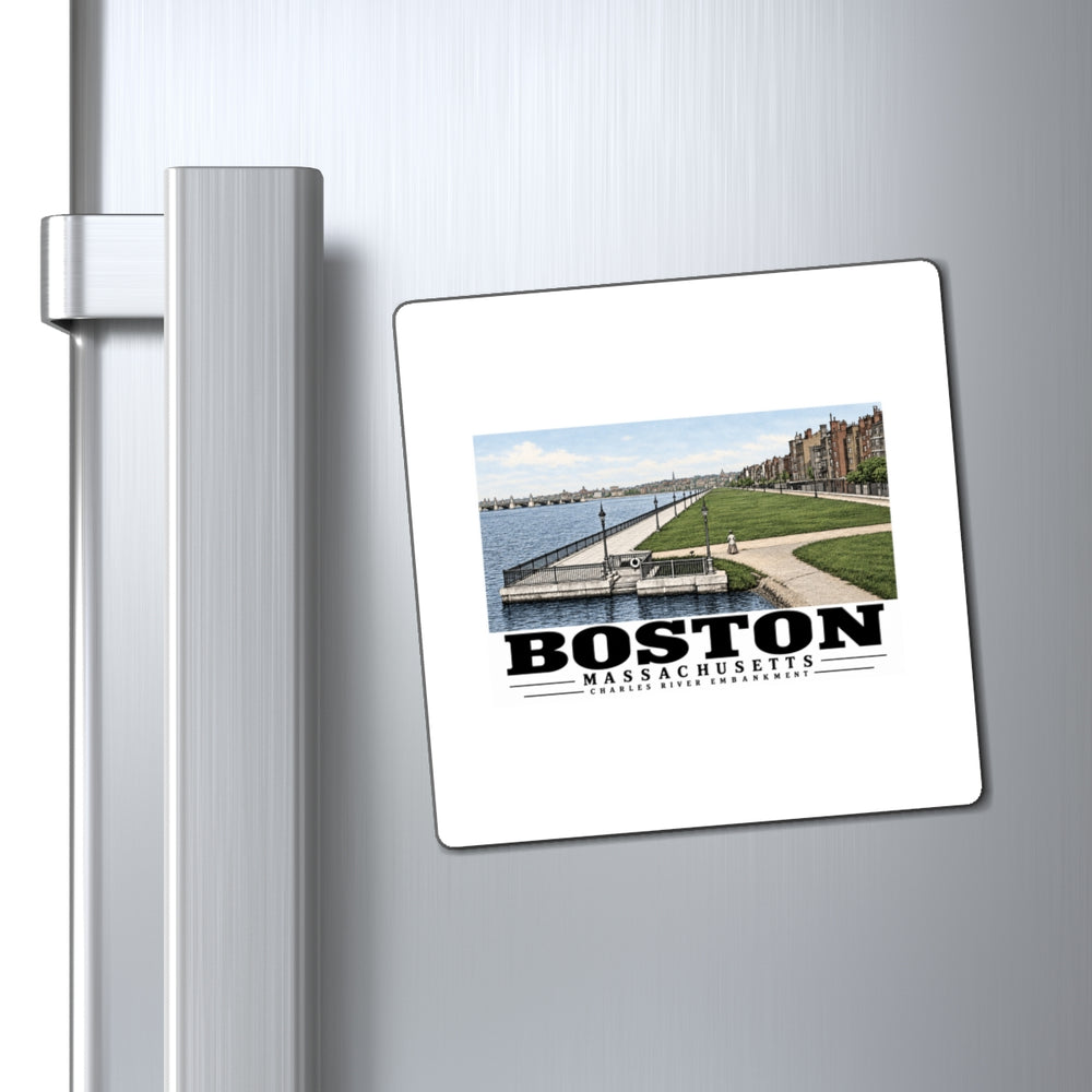 Charles River Embankment riverside path, lawn and buildings magnet on a refrigerator beside its handle