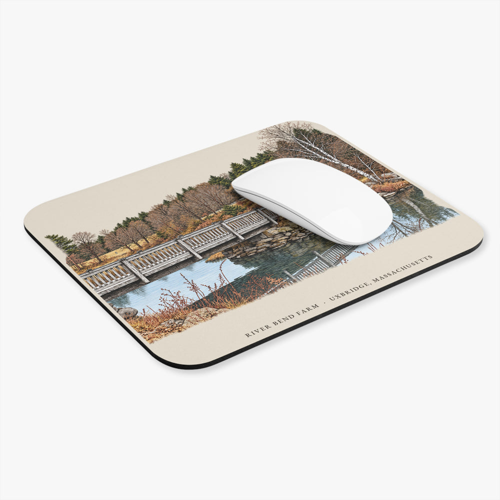 Uxbridge River Bend Farm mouse pad mockup showing the full illustrated print