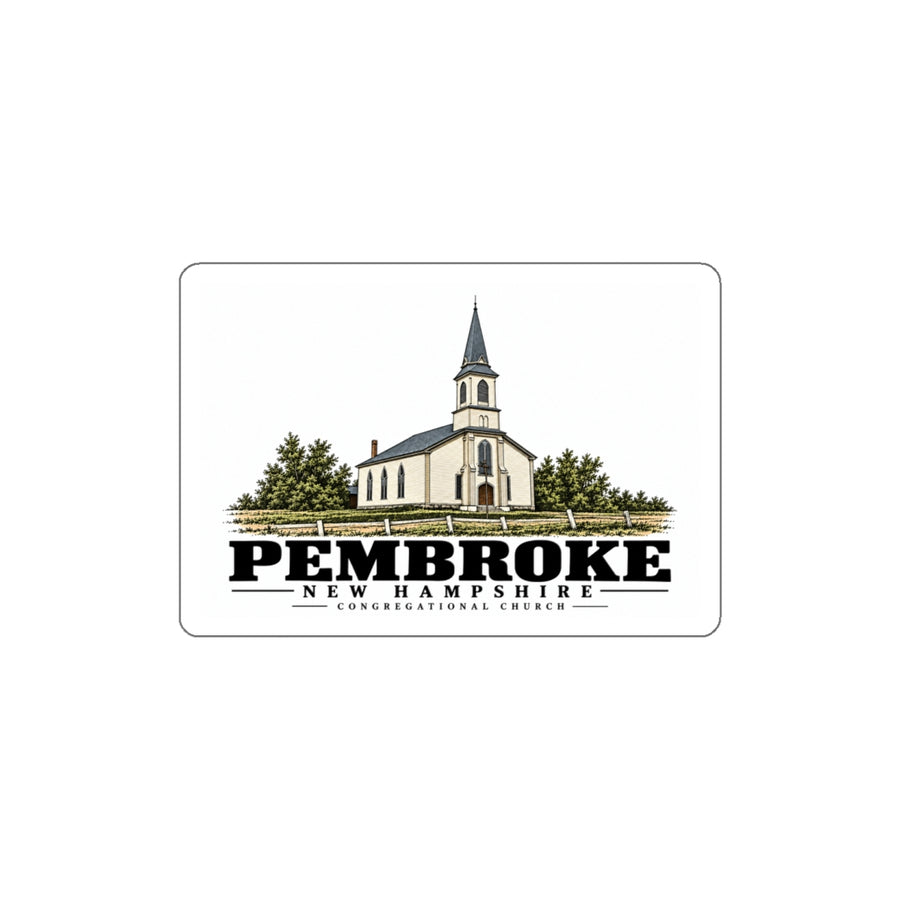 Front of Congregational Church white die-cut sticker, with Pembroke, New Hampshire artwork and lettering.