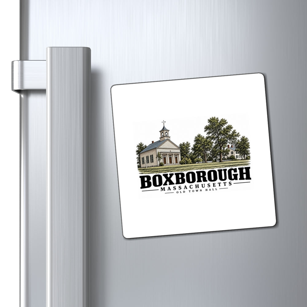 Illustrated Old Town Hall in Boxborough on square magnet