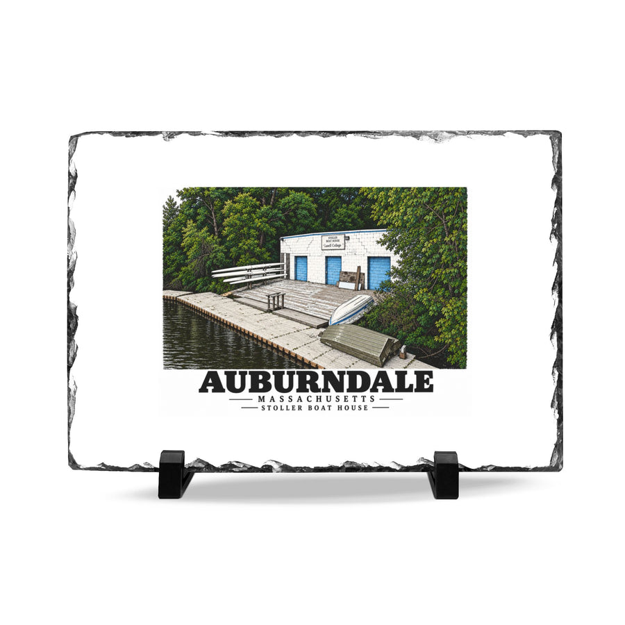 Front view of the Auburndale Stoller Boathouse slate desk plaque on black stands.