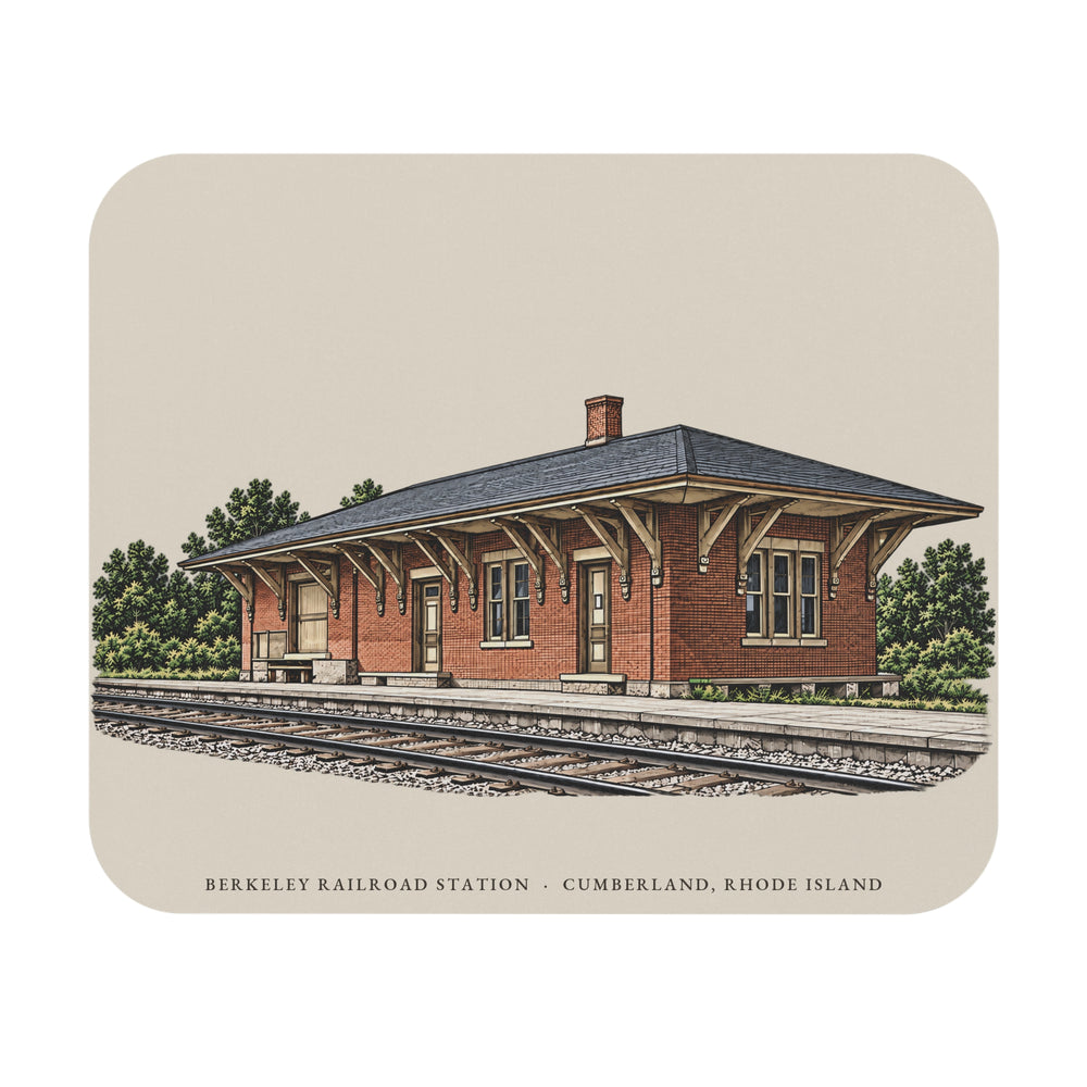 Cumberland Berkeley Railroad Station mouse pad mockup showing the full illustrated print