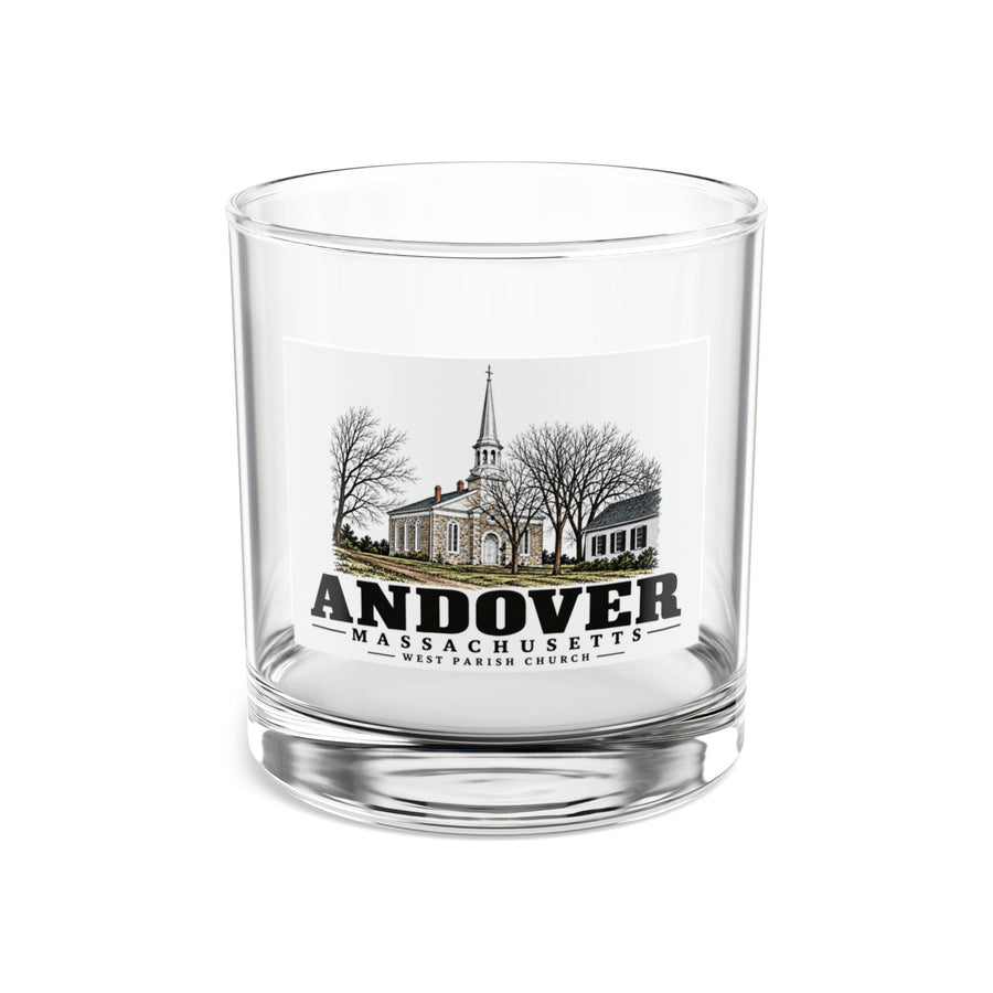 Front of West Parish Church rocks glass, with Andover, Massachusetts artwork and lettering.