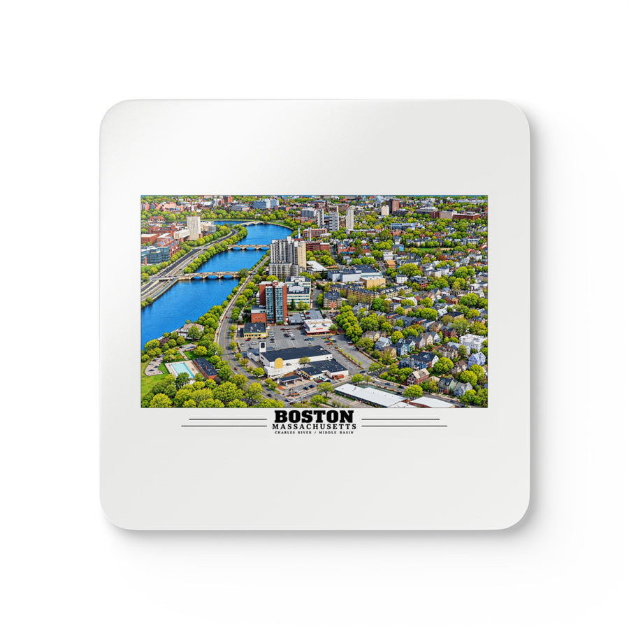 White square coaster showing Charles River aerial city view with bridges, buildings and green trees artwork and Boston lettering