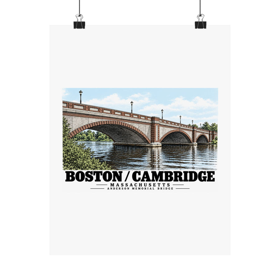 Anderson Memorial Bridge close arch view poster with Boston/Cambridge lettering hanging from two binder clips