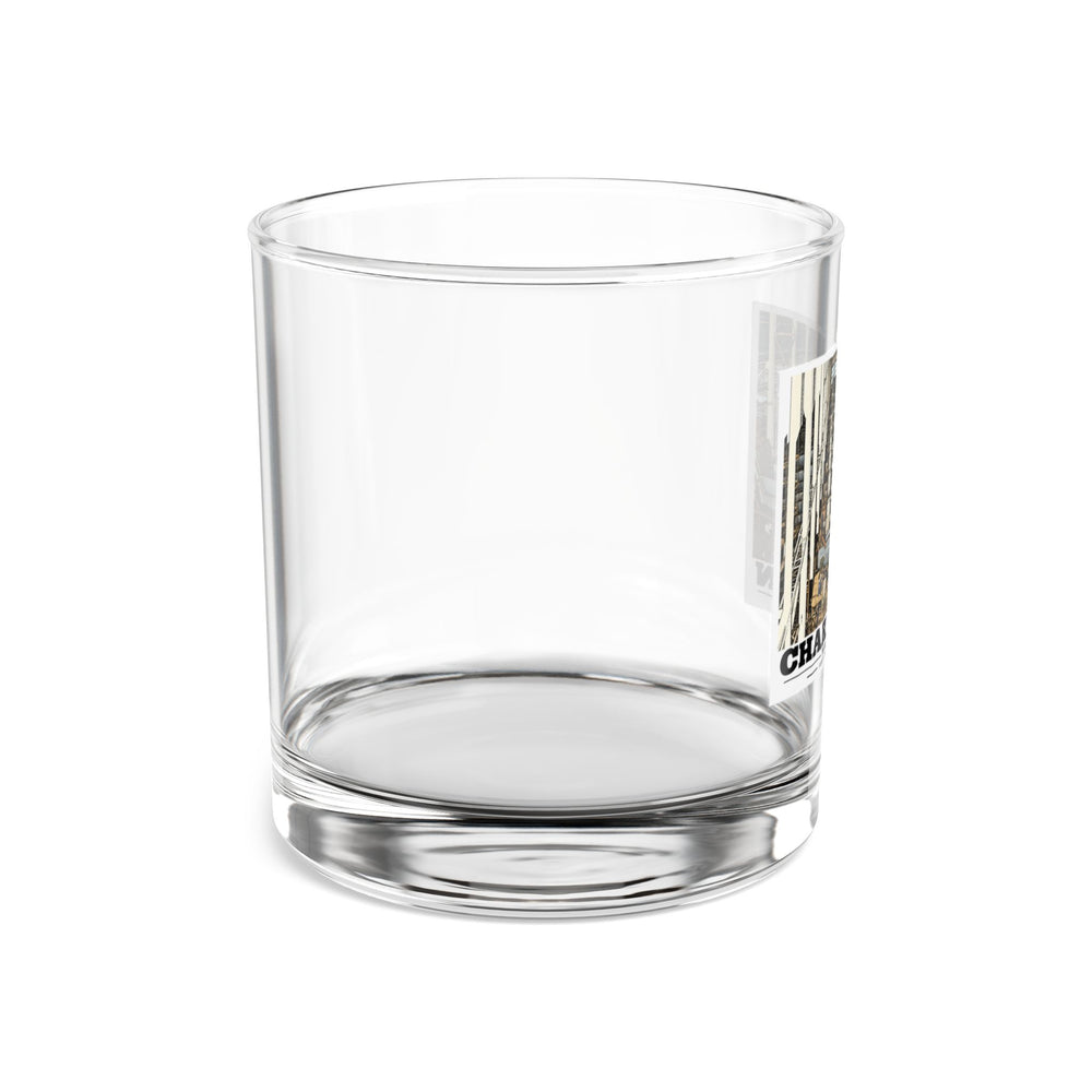 Right side of clear rocks glass showing edge of landing-craft production line artwork
