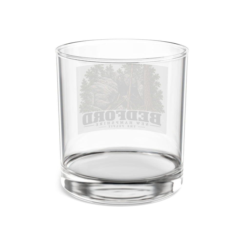 Transparent reverse of The Pulpit rocks glass, with Bedford, New Hampshire artwork and lettering.
