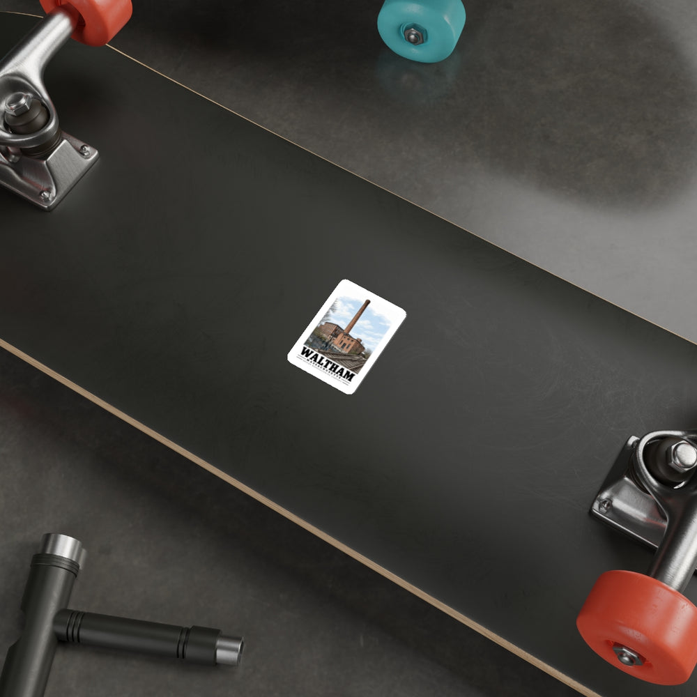Illustrated Boston Manufacturing Company in Waltham on die-cut sticker
