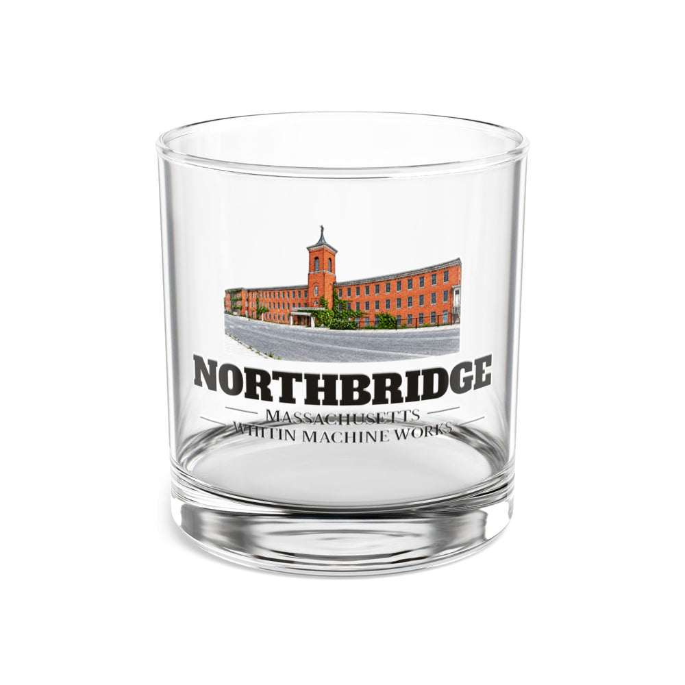 Front view of the Northbridge Whitin Machine Works artwork printed on a clear 10 oz rocks glass