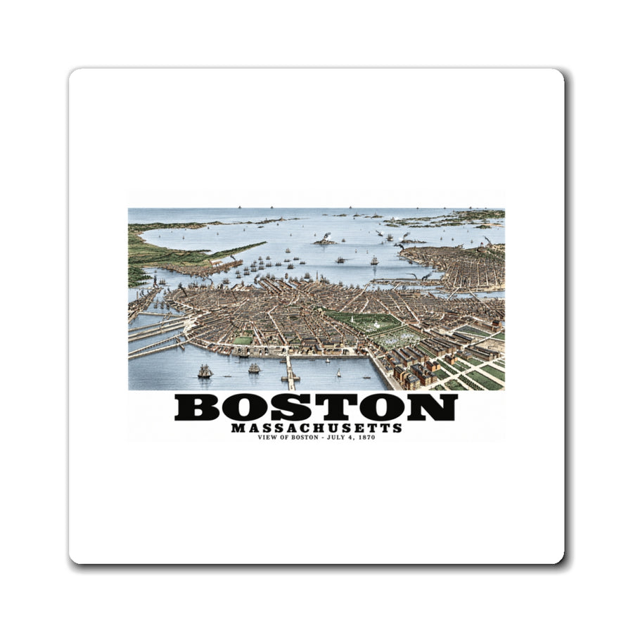 White rectangular magnet showing historic Boston harbor panorama with boats and waterfront buildings artwork and Boston lettering