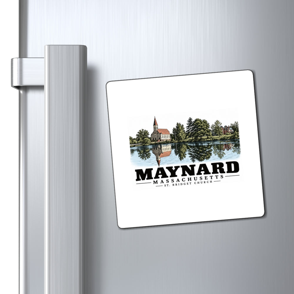 Illustrated St. Bridget Church in Maynard on square magnet