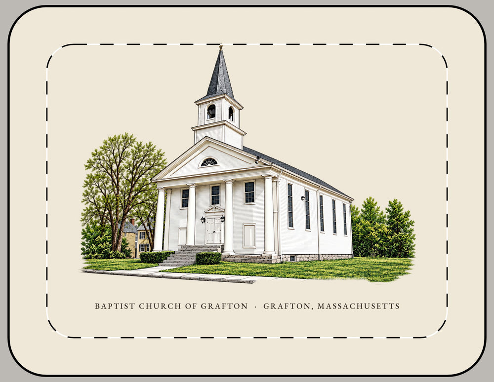Grafton Baptist Church of Grafton 15-inch laptop sleeve mockup showing the full illustrated print