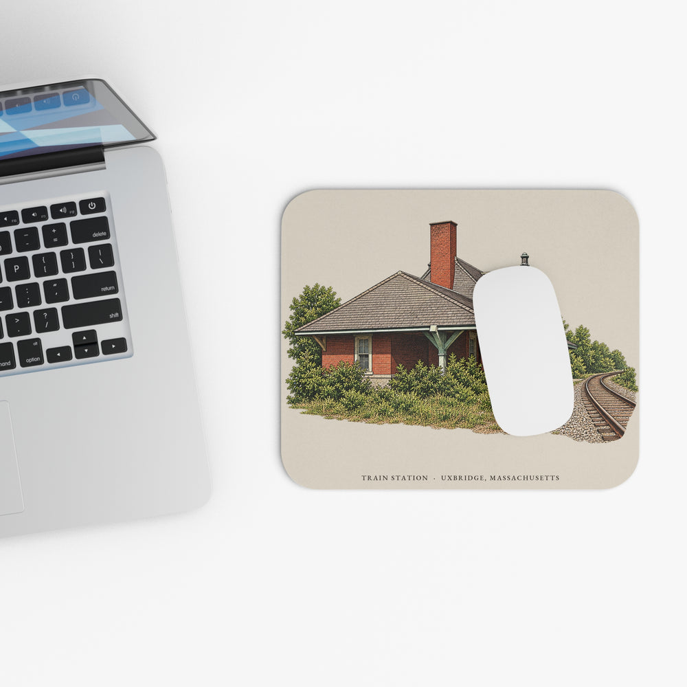 Uxbridge Train Station mouse pad mockup showing the full illustrated print