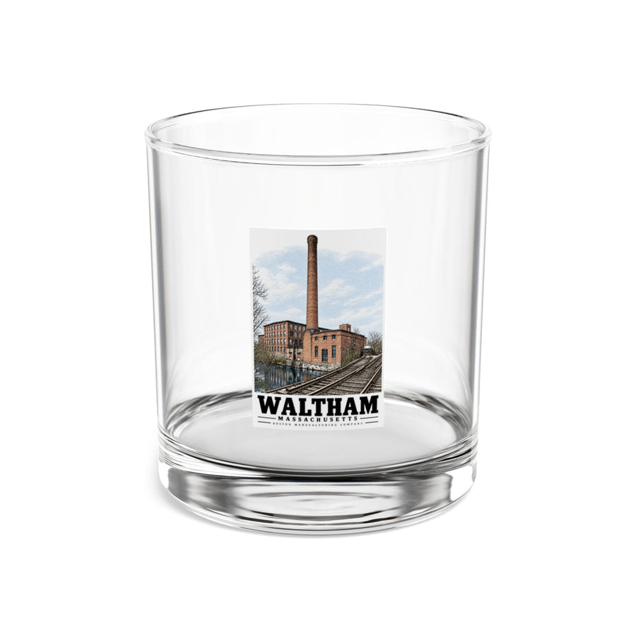 Illustrated Boston Manufacturing Company in Waltham on rocks glass