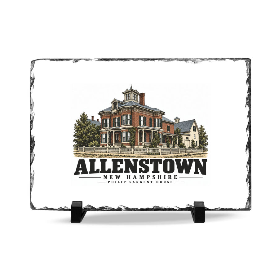Front on display stands of Philip Sargent House slate desk plaque, with Allenstown, New Hampshire artwork and lettering.