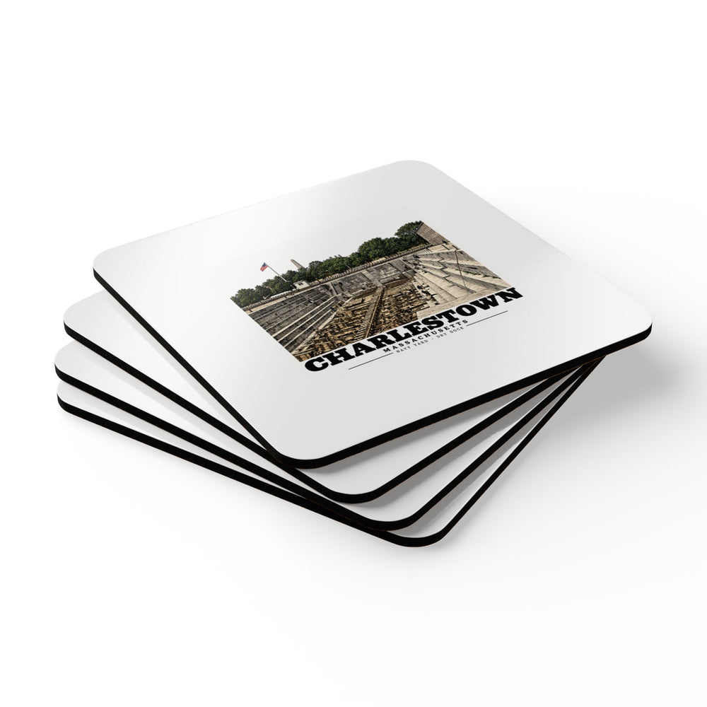 Stack of four square coasters showing dry-dock artwork on top