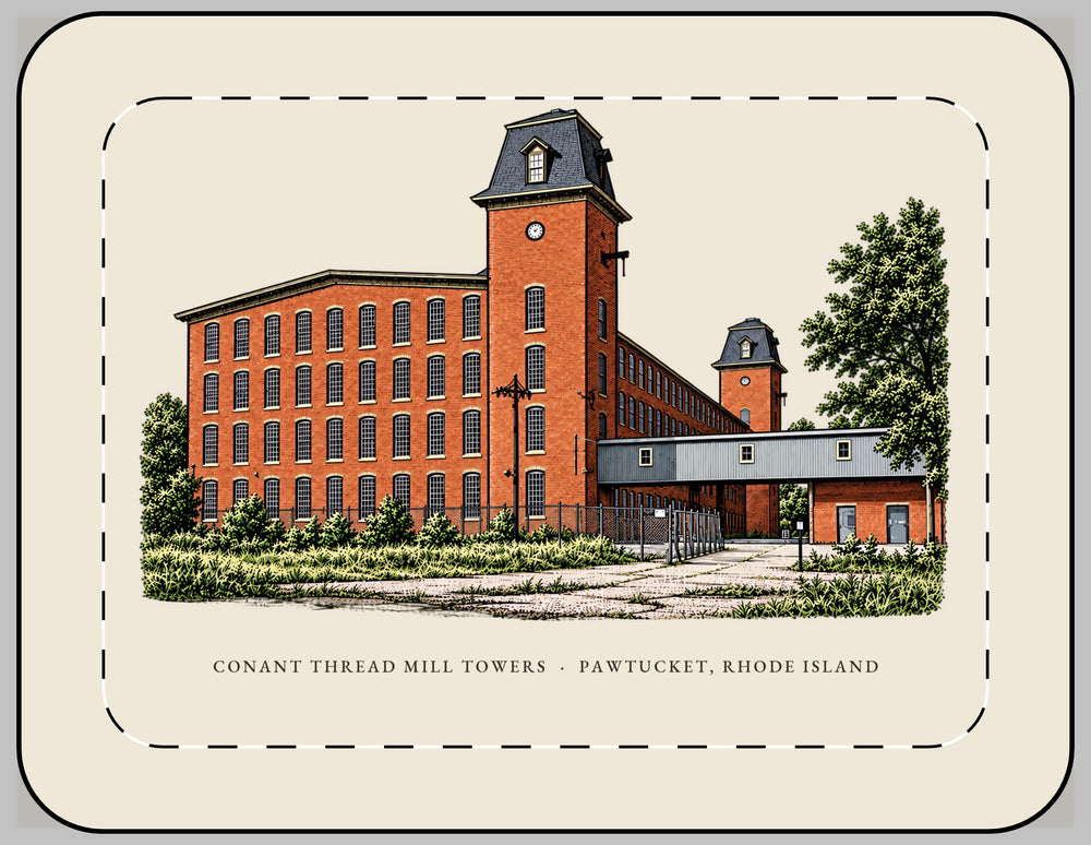 Pawtucket Conant Thread Mill Towers, Pawtucket Side 13-inch laptop sleeve mockup showing the full illustrated print