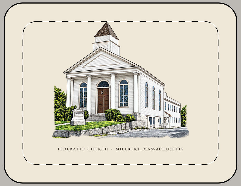 Millbury Federated Church / First Presbyterian Meeting House 15-inch laptop sleeve mockup showing the full illustrated print