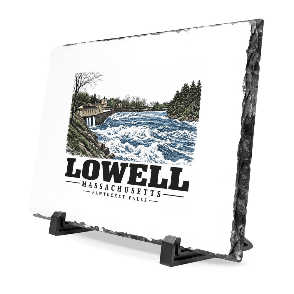 Angled front on display stands of Pawtucket Falls slate desk plaque, with Lowell, Massachusetts artwork and lettering.