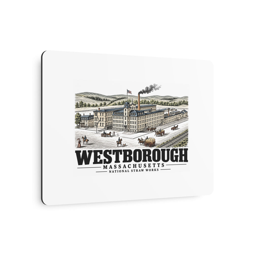 Illustrated National Straw Works in Westborough on metal art sign