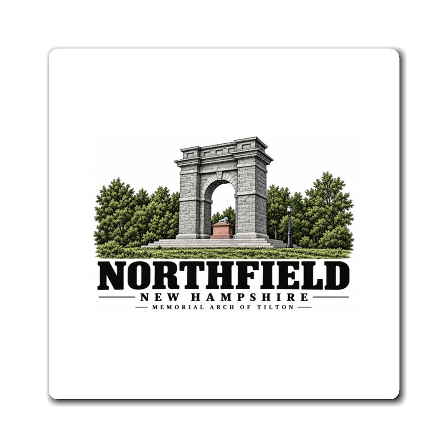 Front of Memorial Arch of Tilton square vinyl magnet, Northfield, New Hampshire.