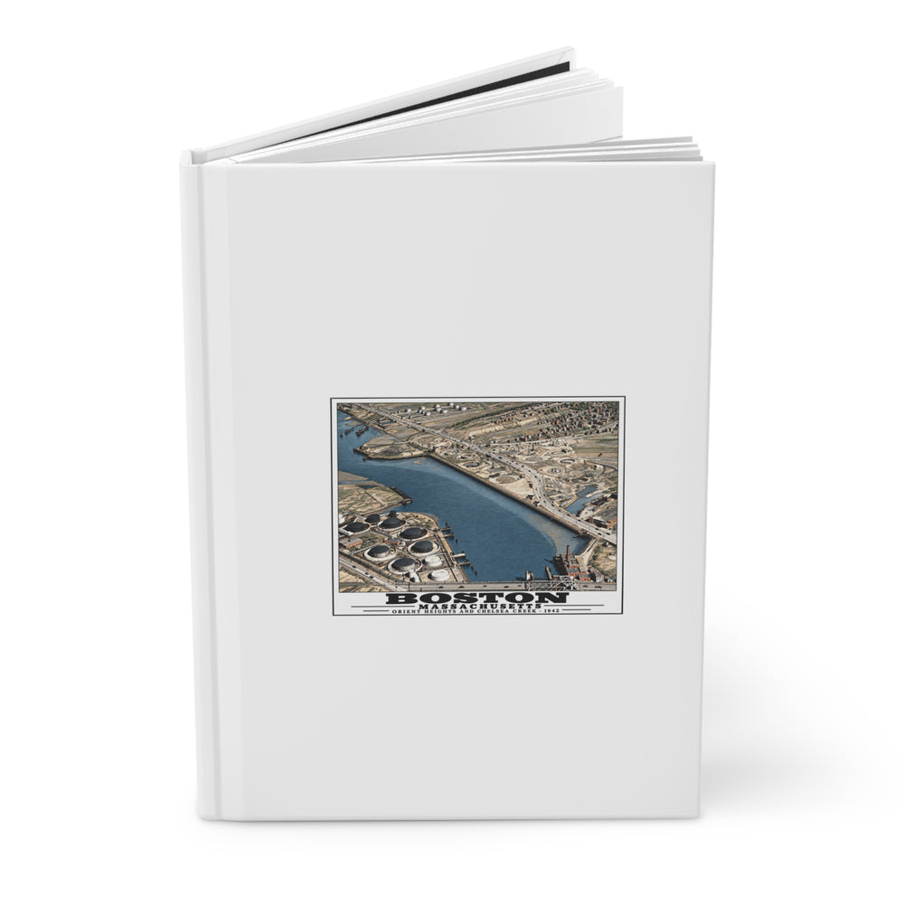 Orient Heights taken at 600 feet-Shore line, Chelsea Creek, East Boston Matte Hardcover Journal - Boston Harbor