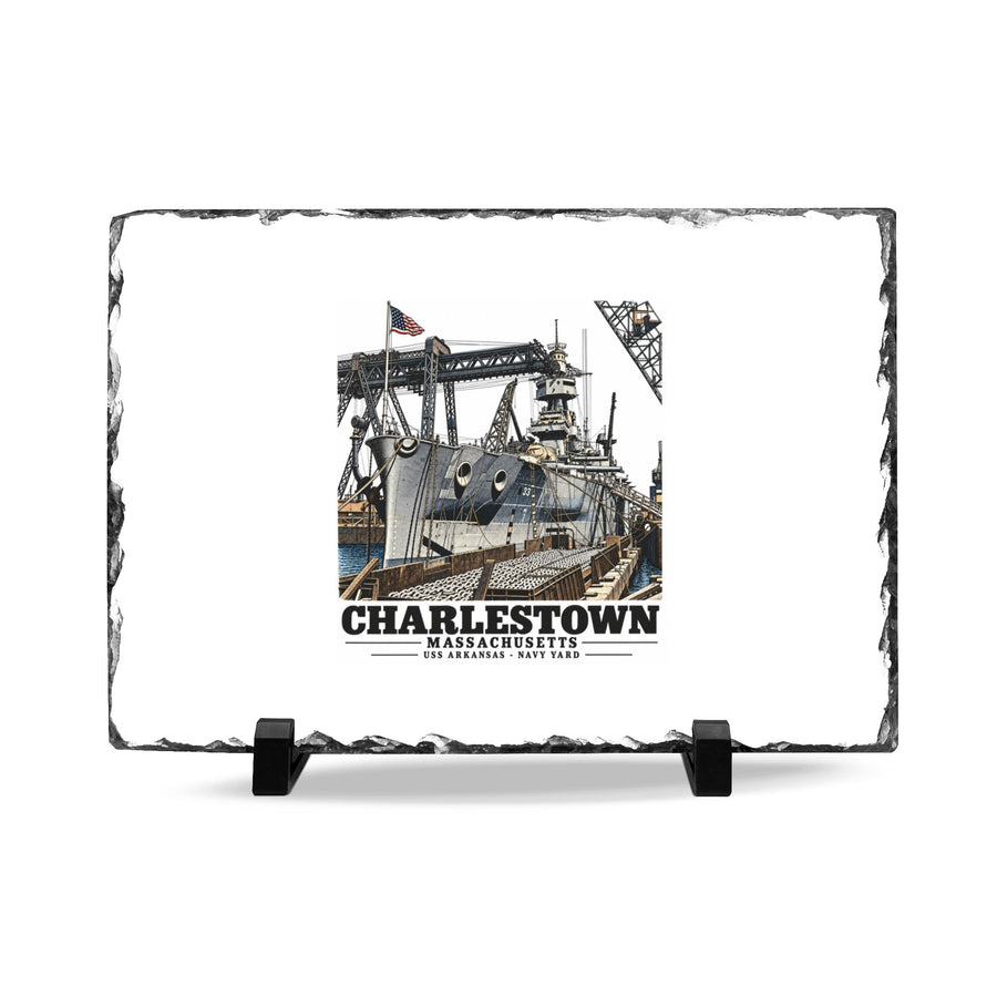 Illustrated USS Arkansas at Boston Navy Yard in Charlestown on slate desk plaque