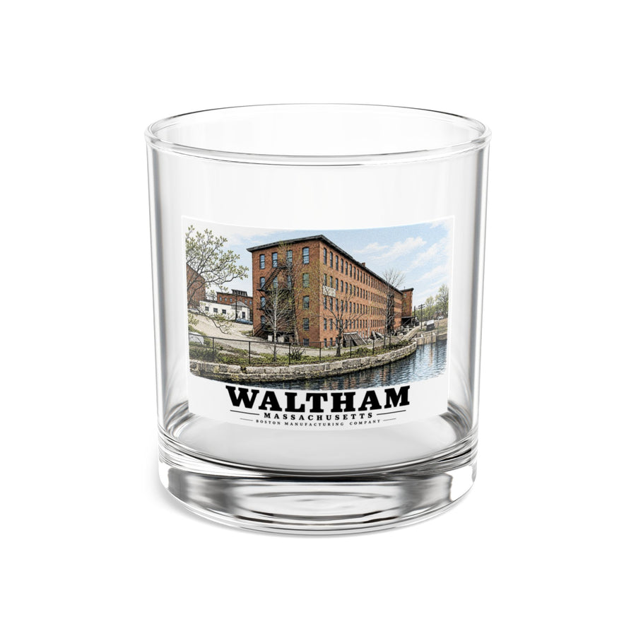 Illustrated Boston Manufacturing Company in Waltham on rocks glass