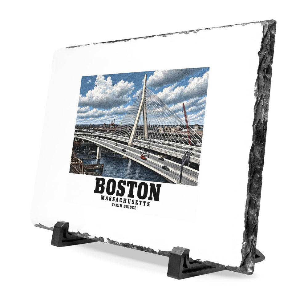 Angled rough-edged slate display on black stands showing Zakim Bunker Hill Bridge cable-stayed towers and Charles River artwork