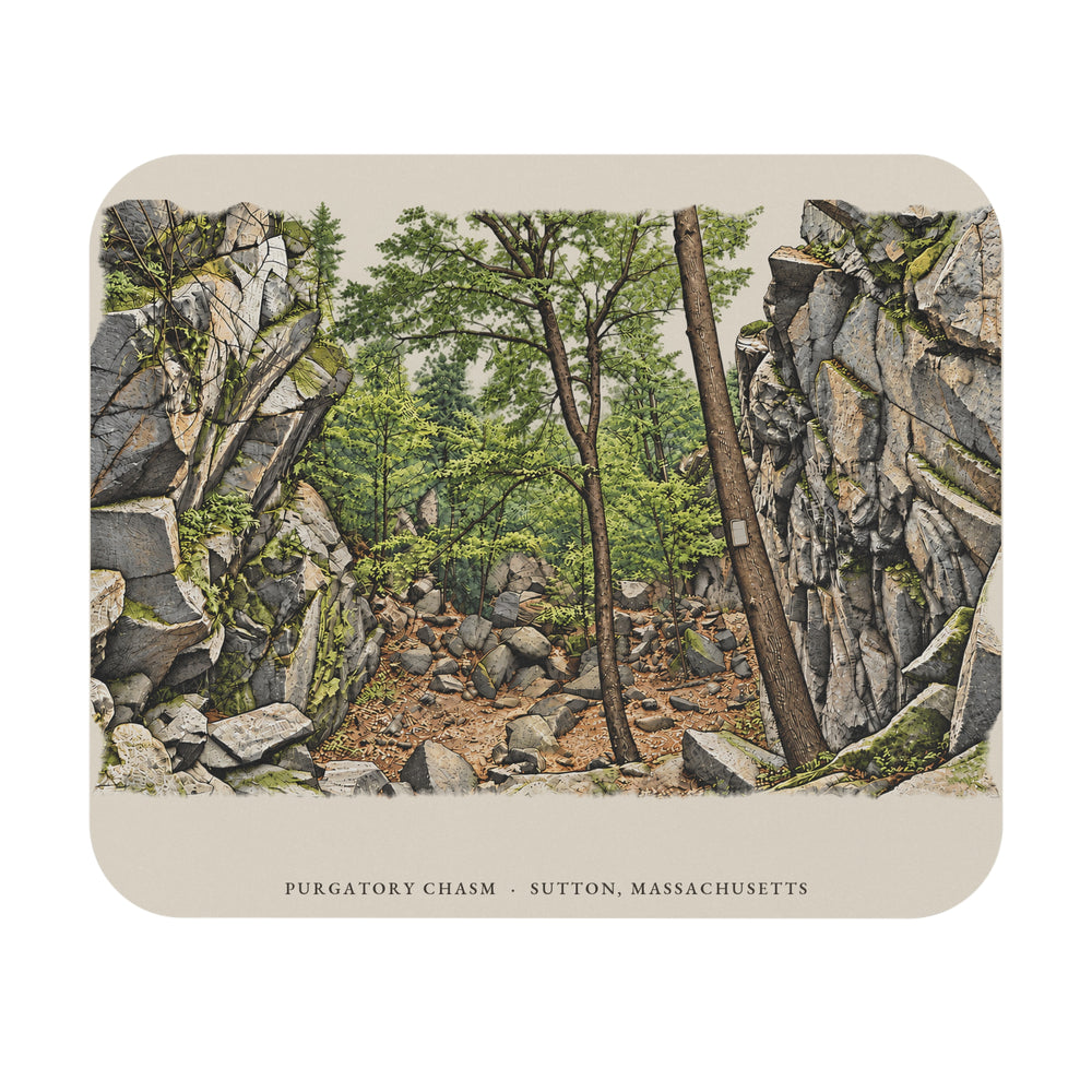 Sutton Purgatory Chasm mouse pad mockup showing the full illustrated print
