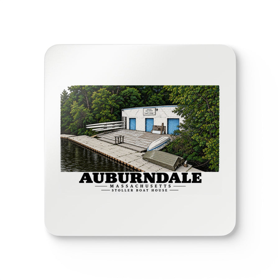 Front view of a cork-backed coaster with Auburndale Stoller Boathouse artwork.