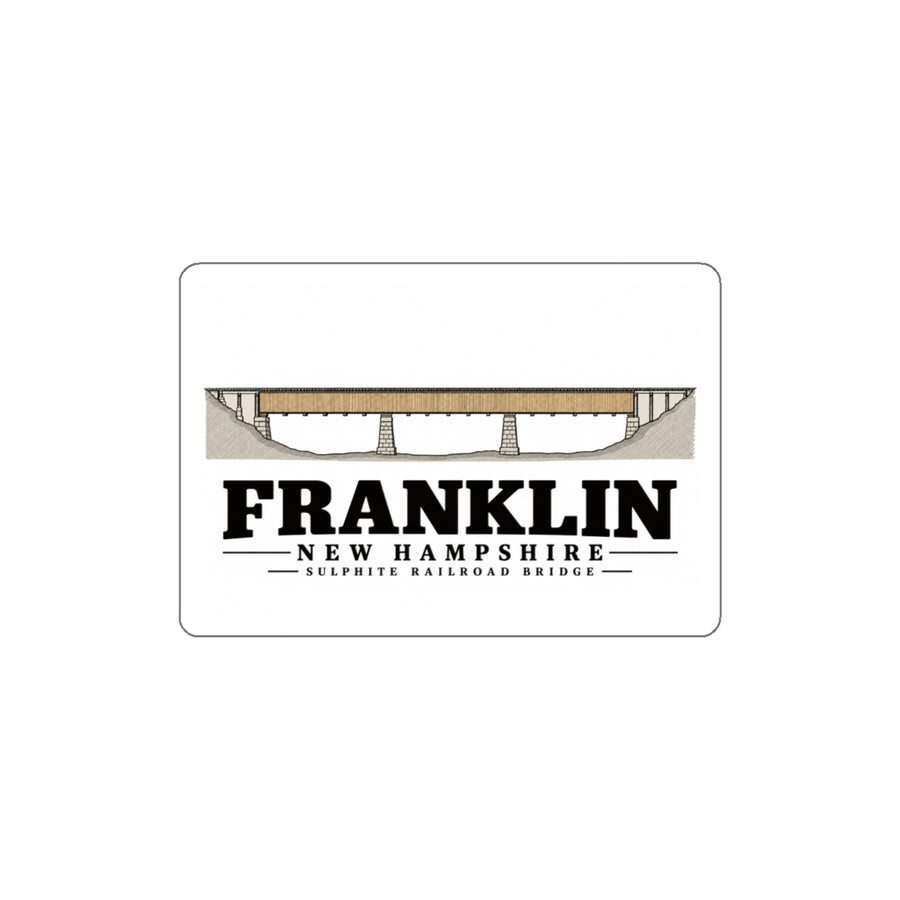 Front of Sulphite Railroad Bridge white die-cut sticker, with Franklin, New Hampshire artwork and lettering.