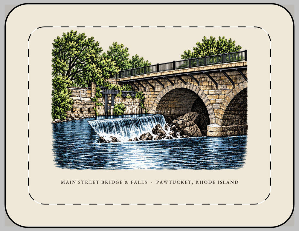 Pawtucket Main Street Stone-Arch Bridge and Falls 13-inch laptop sleeve mockup showing the full illustrated print