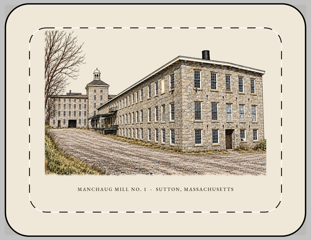 Sutton Manchaug Mill No. 1 13-inch laptop sleeve mockup showing the full illustrated print