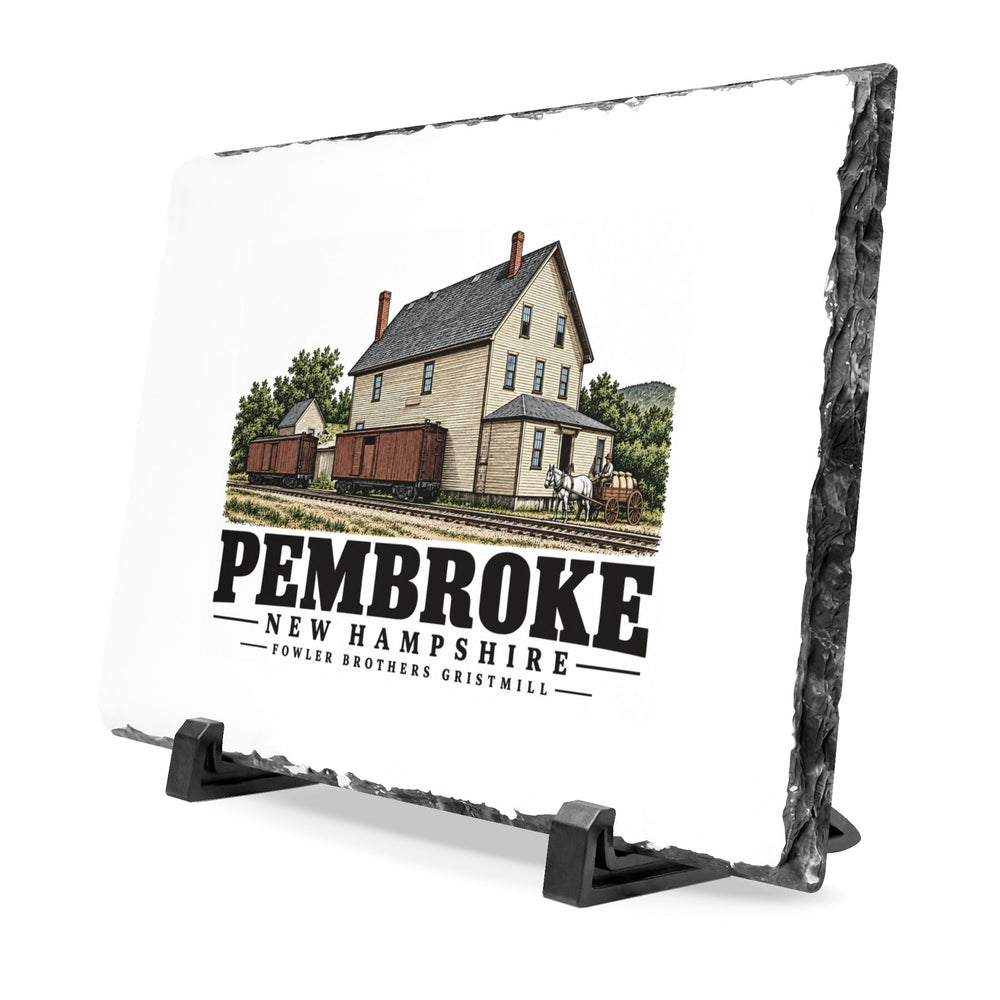 Angled front on display stands of Fowler Brothers Store slate desk plaque, with Pembroke, New Hampshire artwork and lettering.