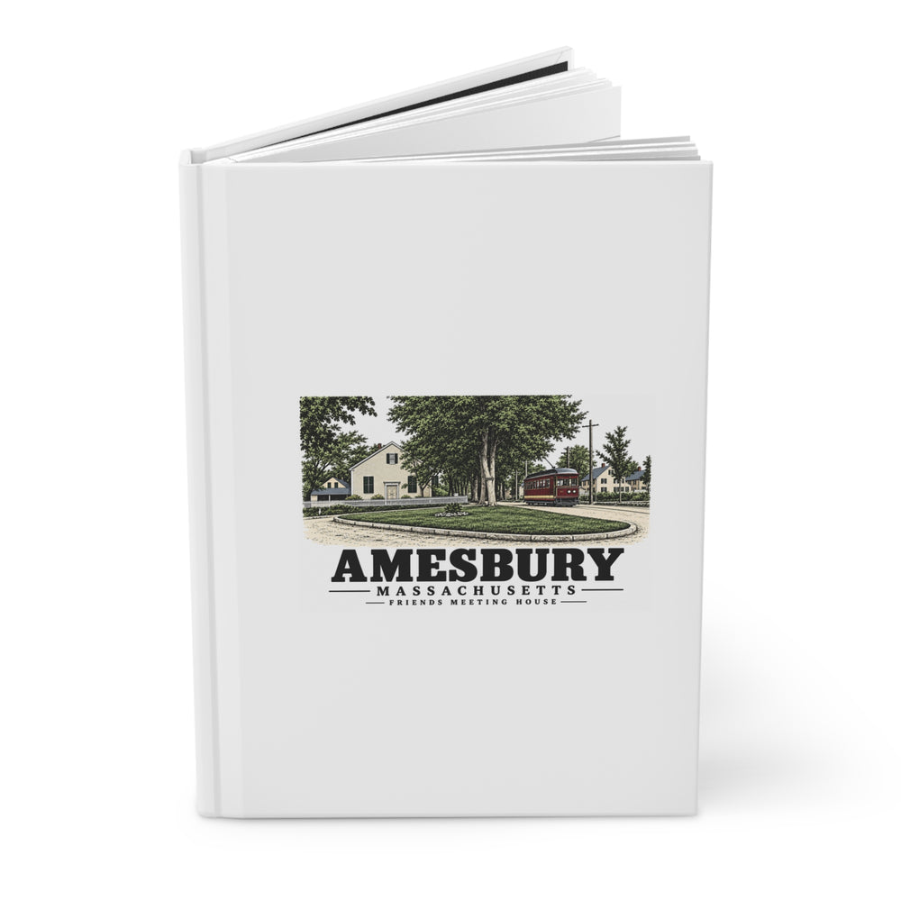 Angled view of matte hardcover journal with Friends Meeting House and streetcar artwork, Amesbury, Massachusetts.
