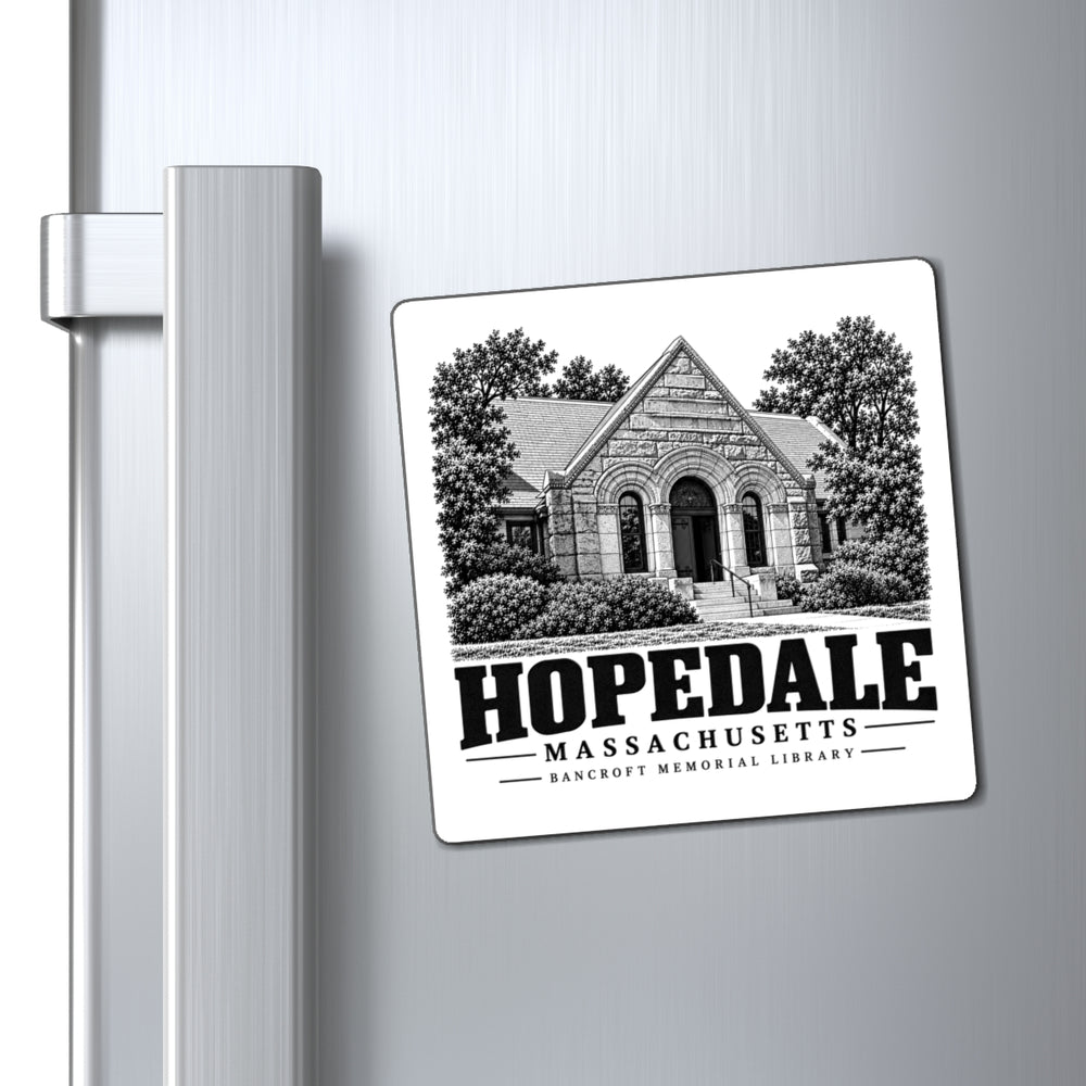 Hopedale Bancroft Memorial Library magnet displayed on a refrigerator