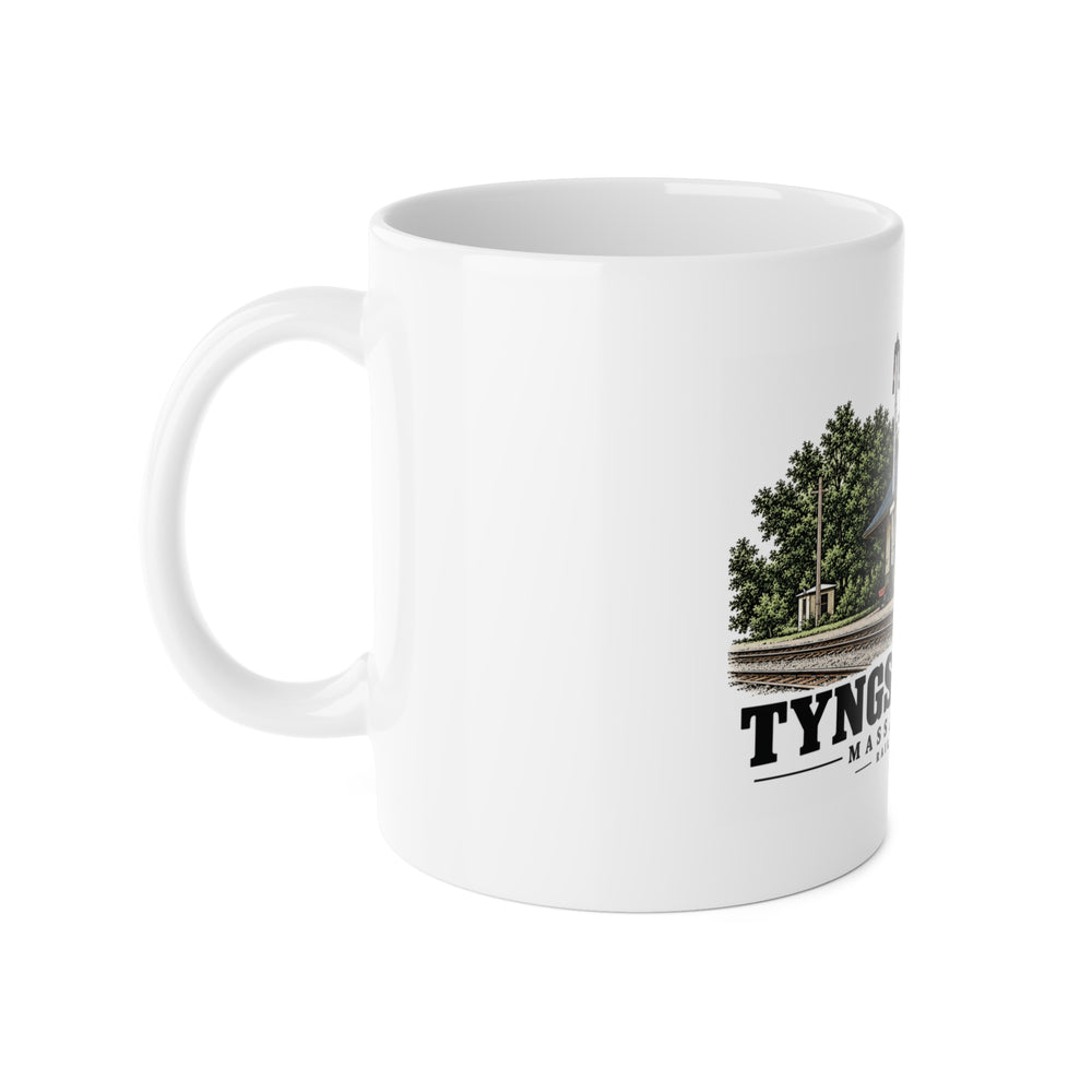 Left-handle side view of Railroad Station white ceramic mug, Tyngsborough, Massachusetts.